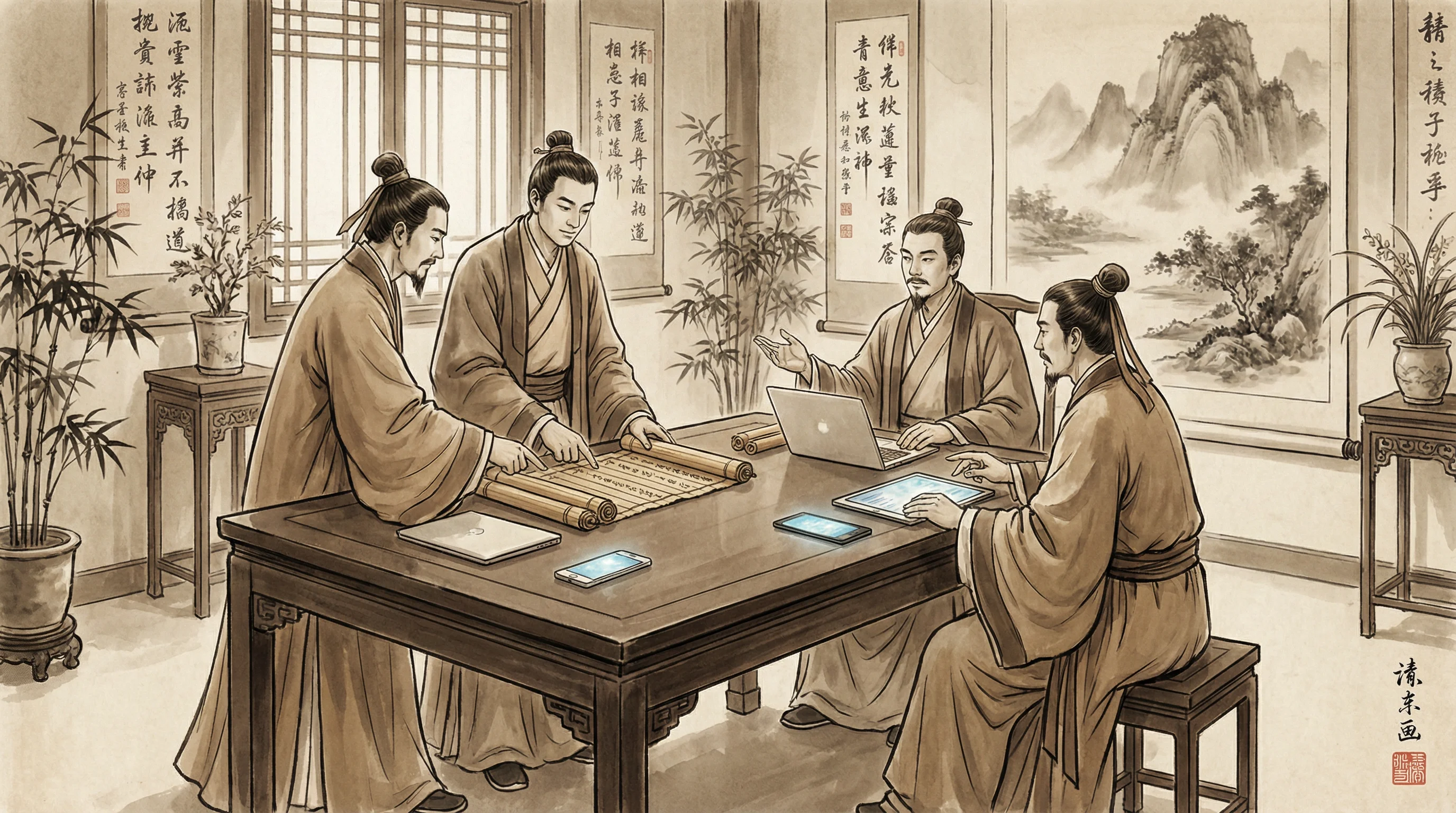 麻将胡了专业团队水墨风格工作场景